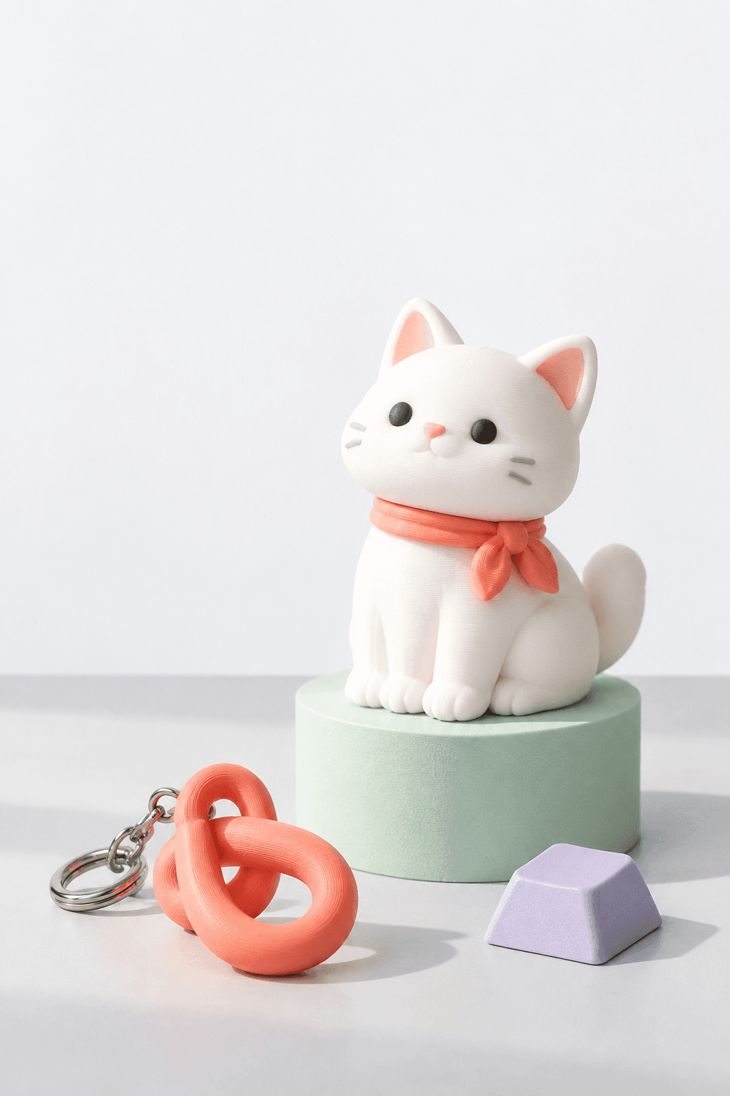 코랄 스카프를 두른 고양이 피규어, 루프 키링과 라일락 키캡 상품 예시
